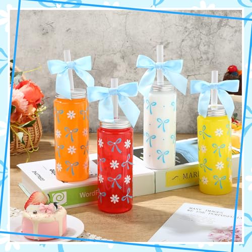 Jingmore 24 Pcs 14 oz Blue Bow Plastic Cups Reusable Coquette White Florets Aesthetic Cute Bottles with Lids and Straws with Ribbon Bow for Women Birthday Bridal Shower Wedding Gifts Party Supplies