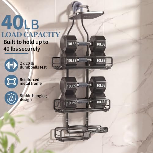 Skyapex Shower Caddy Hanging Bathroom Organizer: Over Head Adjustable Rack for Tall Showerhead - Extra Large Storage Shelf for Big Shampoo Bottles with Soap Holder Black