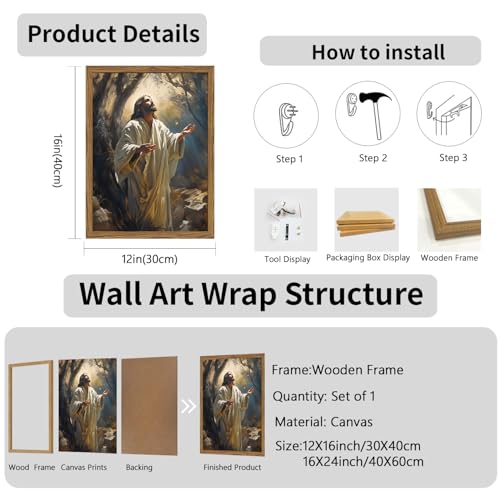 Framed Christian Jesus Canvas Wall Art, Jesus Praying Wall Decor Paintings, God Light Pictures Prints Religious Home Decor for Living Room Bedroom Church Prayer Room 12x16 inch Framed 16"L x 12"W
