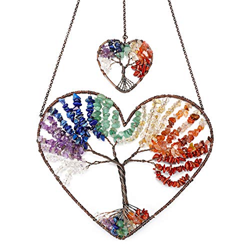 Jovivi Double Heart 7 Chakra Crystals Tree of Life Hanging Ornament Decor