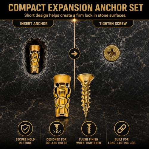 Tvisenva 30-pack 6×14mm gold expansion screws for cabinet and door hinge repair, wall anchors for tile, stone, and wood