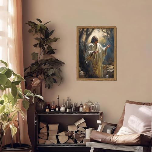 Framed Christian Jesus Canvas Wall Art, Jesus Praying Wall Decor Paintings, God Light Pictures Prints Religious Home Decor for Living Room Bedroom Church Prayer Room 12x16 inch Framed 16"L x 12"W