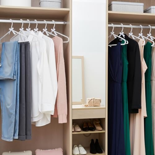SHENLIU 6 Pack Pearl Clothes Hangers, Elegant Bridesmaid Hangers with White Ribbon Trim Hanger, Closet Coat Storage Organizer Bowknot Standard Wedding Hanger for Wedding Engagement Gowns Suits Shirts A
