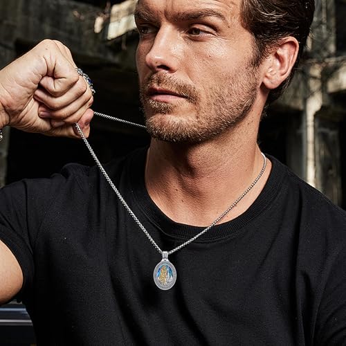 Religious Medal Necklace 925 Sterling Silver Medal Pendant Amulet Unique Religious Protection Jewelry Gifts for Men Women Saint Christopher