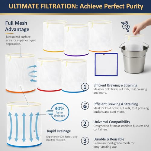 5 Pieces 5 Gallon Mesh Bubble Bags, All Mesh Bubble Hash Bag Set for Sustainable Filtration of Herbal Extracts, Press Strainer and Storage Bag Kit for Herbal Extraction and Production