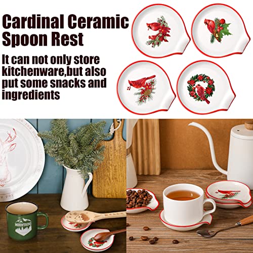 Willbond 4-piece Christmas Cardinal ceramic spoon rests featuring winter bird designs for festive kitchen use.