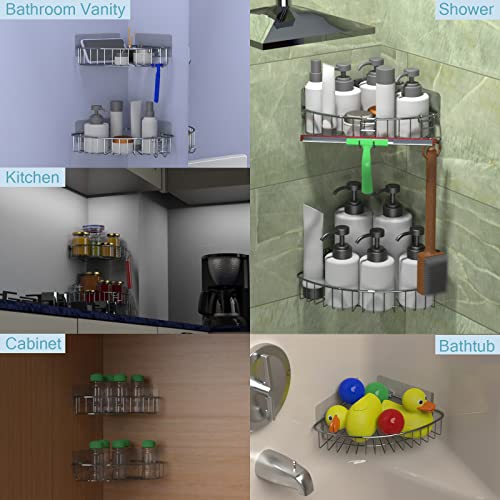Shower Shelf for Inside Shower, Shower Shelf Corner, Shower Corner Caddy, Adhesive Shower Caddy, Shower Wall Caddy, Stainless Steel Shower Caddy Suction No Drill 2 Pack Silver Corner Shower Caddy