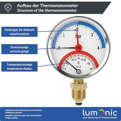 Lumonic Thermomanometer 4 bar 0-120 °C | 1/4 + 1/2 inch (adapter) | connection bottom | diameter 80 mm, large scale | heating pressure gauge | metal housing 80 mm, bottom 0-4bar