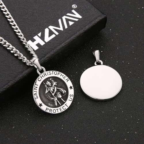 HZMAN Saint Christopher Necklace for Men Women Stainless Steel Round Retro Religious Medal Amulet Pendant Jewelry Gift