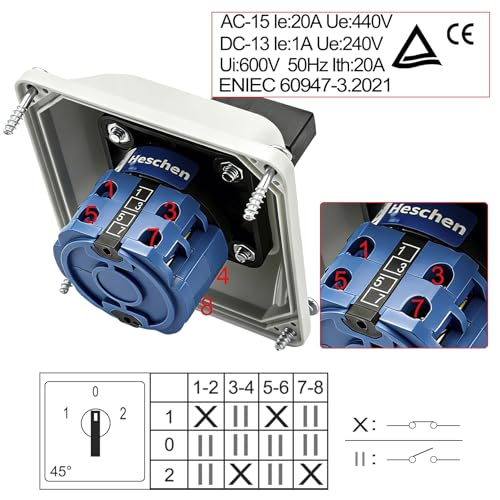 Heschen Universal Rotary Switch, SZW26-20/D202.2D, 660V 20A, ON-OFF-ON 3 Positions, 2 Phase, 8 Terminals, with Main Switch Outer Box (Bigger Box) Larger box