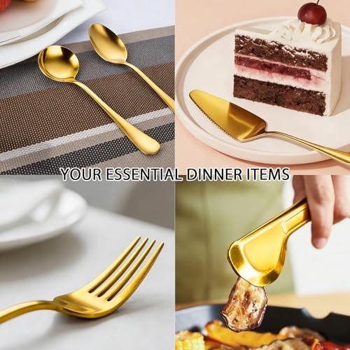 11 PCS Serving Utensils Stainless Steel Large Serving Utensils Set Spoons, Slotted Spoons, Forks, Tongs, Soup Ladle and Cake Server for Buffet Party Catering Gold