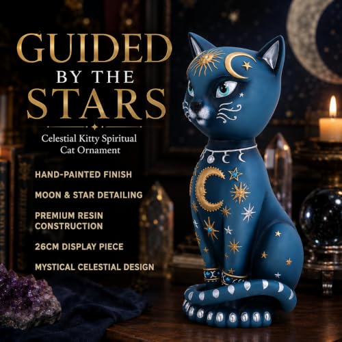Celestial Kitty Spiritual Cat Figurine – Moon & Stars Ornament 26cm Blue