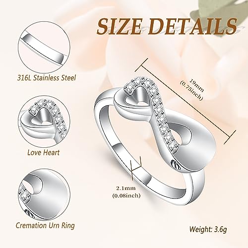 Cremation Jewelry Urn Ring for Ashes Infinity Crystal Memorial Ring for Human Dog Cat Ashes Stainless Steel Keepsake Ring for Women, Stainless Steel steel, not Silver 10