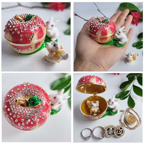 Apple Bunny Squirrel Jewelry Box Ring Necklace Earring Trinket Holder Hand Painted Rabbit & Squirrel Ornamental For Home & Office Decor Gift For Lady Friends Birthday Red