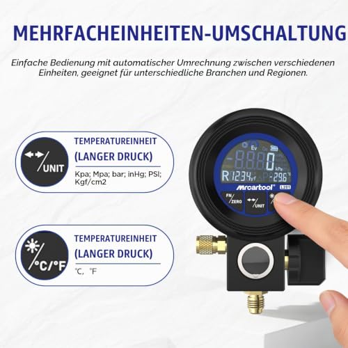 MRCARTOOL L201 Digital Manifold Gauge for Air Conditioning Systems | 24 Refrigerants R290, R1234yf, R22, R32 and R454b for air conditioning maintenance, refrigerant filling, pressure measurement and leak testing.