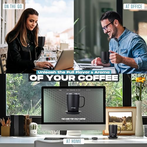 SMRTMUGG PRO 14 oz. Self-Heating Coffee Mug – 4-Hour Battery Life, Adjustable Temperature Control, LCD Display, One-Touch Adjustment, Magnetic Slider Lid – Keep Your Coffee Hot for Hours! Black
