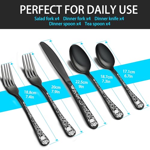 Skull Black Silverware Set for 4, 20-Piece Black Flatware Set, Gothic Skeleton Cutlery for Decoration, Halloween, Christmas, Party, Gift, Housewarming Skull Serving for 4