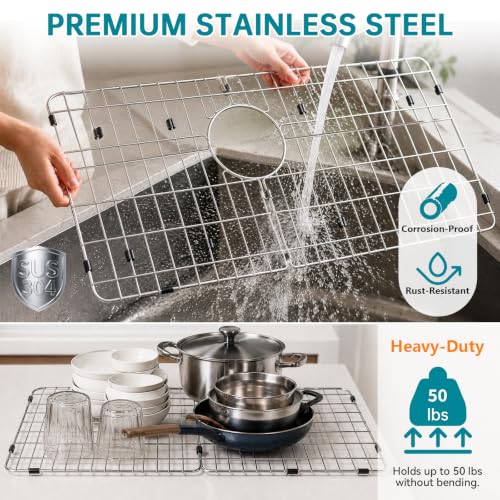 SOVYEN detachable kitchen sink rack for bottom of sink, 26x14 inches, stainless steel sink grid for cabinet accessories.