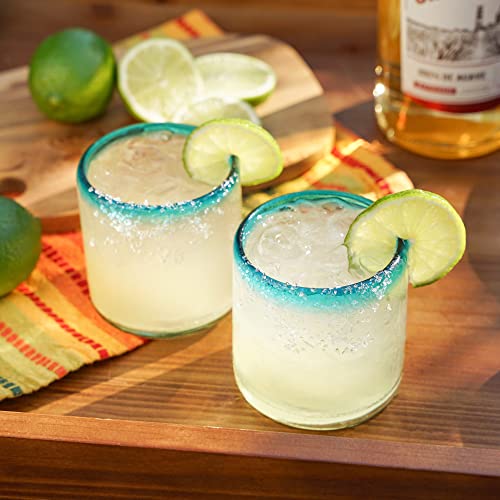 Segunda Vida Primavera Hand Blown Short Tumblers, Recycled Drinking Glasses with Blue Rim for Margarita, Tequila, Cocktails, Iced Drinks, Birthday Gifts for Women, Mexican Glassware, 12 oz, Set of 2 Cocktail Glasses