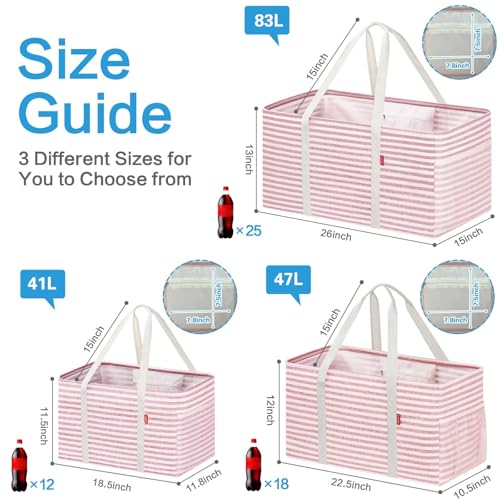LHZK Standing Extra Large Utility Tote Bag with Metal Wire Frame and the Sides Rinforced, Extra Large Tote Bag with Handle, Reusable Grocery Bags Foldable, Beach Bag, Car Tote (Pink, 26''x15''x13'') Pink 26''x15''x13''-1 Pack