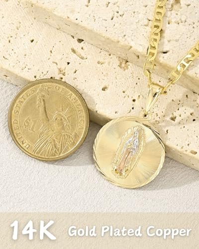 J&H DiaJuvelo Virgin Mary Necklace for Women 14K Gold Plated Cadena de la Virgen de Guadalupe Necklaces Saint Cubic Zirconia Pendant Catholic Jewelry for Women Charm Gifts Gold-Round Disc 18 inches
