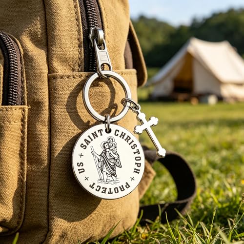 St Christopher Keyring Travel Gift for Men or Women, Christopher Keychain Token Medal, Saint Christophers Token Medal, for Safe Travels Saftey and Protection, New Car Gifts and Accessories