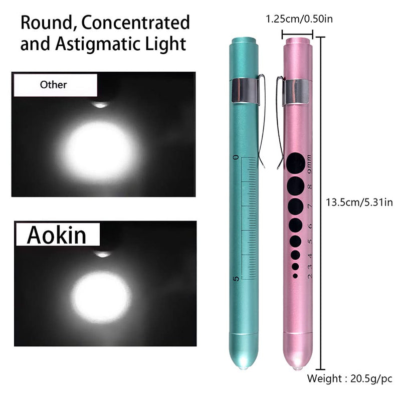 [Australia - AusPower] - Aokin Pen Light with Pupil Gauge, Reusable LED Penlight Medical for Doctor Nurse Diagnostic etc, White Light, Teal and Rose Gold 