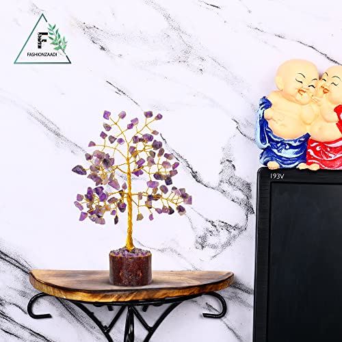 FASHIONZAADI Amethyst Bonsai Money Tree Feng Shui Crystal Gemstone Trees Chakra Stone Healing Crystals Trees Good Luck Home Office Table Décor Health Prosperity Size 7-8 inch (Golden Wire)
