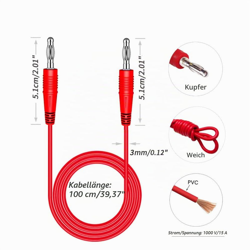 DollaTek P1041 4 mm Banana Plug to Banana Plug Multimeter Test Cable Electronic Test Leads Extension - Red + Black Pack of 2
