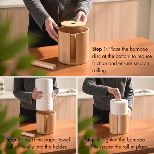 Gobam Bamboo Paper Towel Holder Countertop, Stable Wooden Kitchen Roll Holder with Smooth-Pull Sheet & Anti-Slip Pads, Fits Rolls up to Ø6.3, Wood Standing Towel Dispenser for Farmhouse Home Decor
