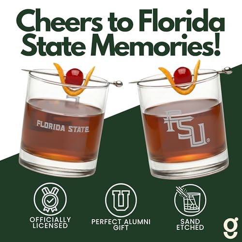 Greenline Goods Florida State University Seminoles Whiskey Glasses Set of 2, 10 oz Sand-Etched Rocks Glasses with School Logos – Officially Licensed Bourbon Glass Gift for Alumni & Fans