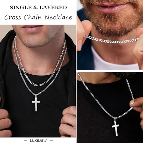Silver Cross Necklace Men Jewelry with Sleek Pendant,Crucifix Necklace for Men in Elegant Style,Mens Cross Silver Chain Necklaces for Daily Wear,Religious Gift or Fashion Accessory