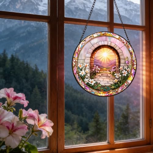 7.87 Inch Religious Stained Glass Window Hanging,Sky Mirror Stained Glass Suncatcher Window Panel Christianity Suncatcher Decor for Birthday for Women, Men, Wife, Aunt, and Mom Sky Mirror&flower
