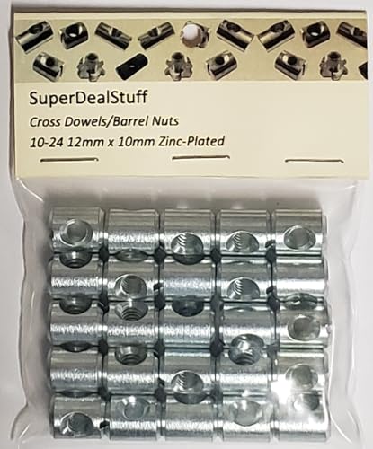 25 zinc-plated 10-24 cross dowels barrel nuts, 12mm x 10mm, CNC machined by SuperDealStuff