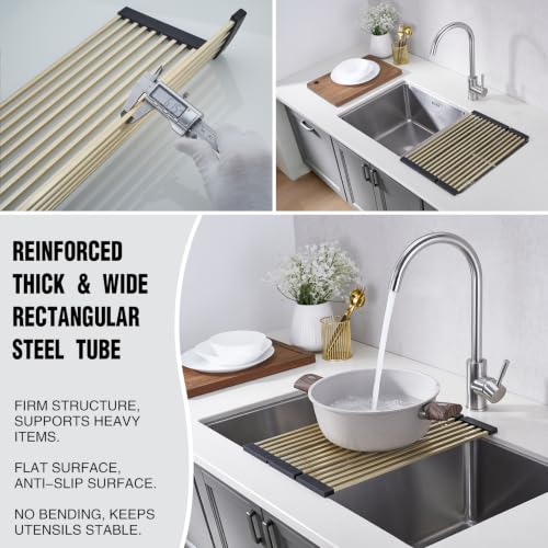 Nicmondo foldable over sink dish drying rack with brushed gold finish, 19.7 x 11.42 inches, featuring a cuttable silicone edge.