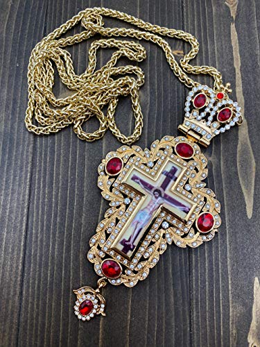 Nazareth Store Pectoral Cross Wooden Jesus Face Crucifix Pendant Icon Blue Crystallized Stones Elements Christian Priest Bishop Necklace 23" Pectoral Cross wit Red Zircons