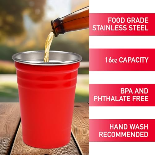 D'Eco Reusable 16 oz Red Party Cups, Stainless Steel Glasses, 6 Pack 6 Count (Pack of 1)