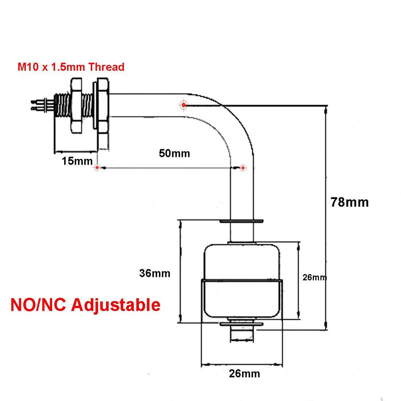 [Australia - AusPower] - AnRui Stainless Steel Angle Float Switch, L-Shaped Side Mount, M10x1.5mm, NO/NC Adjustable Water Level Sensor, DC 100V 