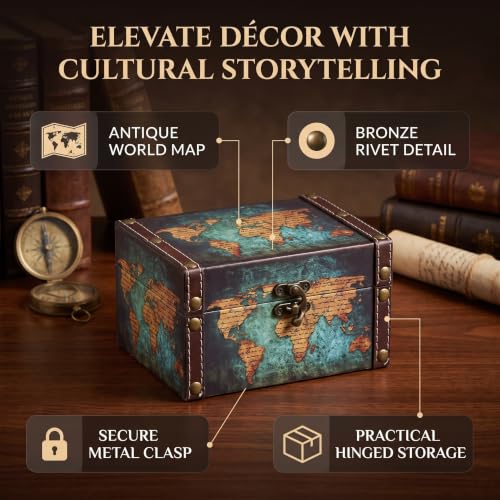 Pssopp vintage wooden jewelry box with world map pattern, featuring multiple compartments for storing jewelry and accessories.