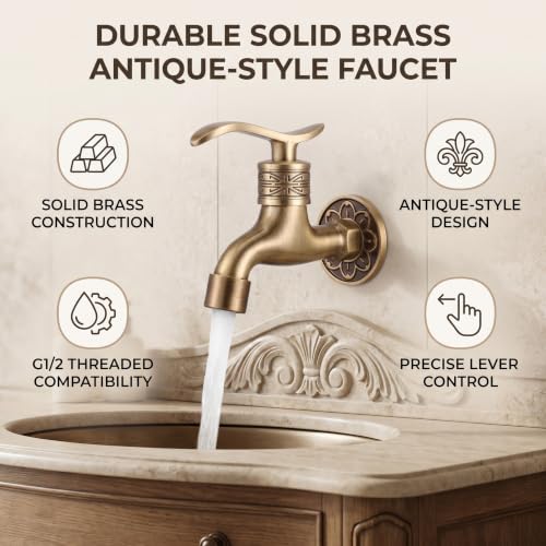 Garosa Traditional Brass Bathroom Faucet, Vintage Wall Mount Tap, Bronze Finish, G1/2 Thread