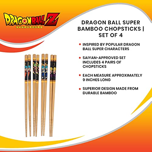 Dragon Ball Super Wooden Bamboo Chopsticks, Set Of 4 | Utensil Set For Ramen Noodles, Japanese Dinnerware For Home Kitchen | Official Anime Manga Collectible With Goku, Vegeta