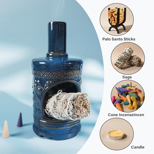 MOUGIGI Bird & Flower Ceramic Palo Santo Chiminea,Sage&Cone Incense Burner Flower and Bird Palo Santo Holder-blue