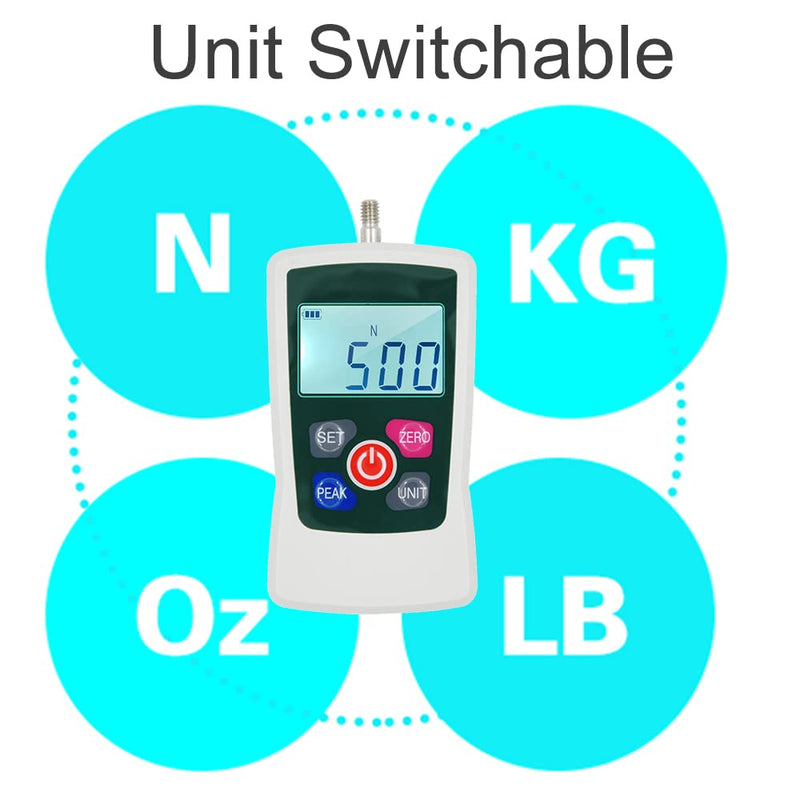 [Australia - AusPower] - Digital Force Gauge 500N/ 50kg/ 110Lb/ 1760oz Portable Push Pull Force Meter Unit Switchable Backlit Mini Dynamometer with 6 Fixture Heads, Storage Case, Auto Power off 