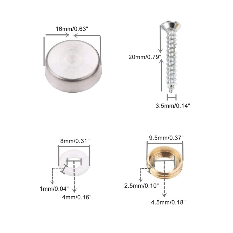 [Australia - AusPower] - 20Pcs Decorative Mirror Screws, Stainless Steel Screw Cap/Cover 16mm for Fasteners, Sign/Advertising Hardware, Nails, Construction, Tea Tables, Wardrobes Glass Furniture 3/5inch 