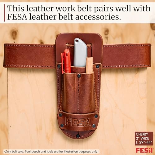 FESA men's cherry leather tool belt with tool pouch, 2-inch wide handcrafted top grain leather, size L
