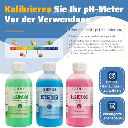 pH Meter Calibration Solution Kit, Contains pH 4.00, 7.00 and pH 10.01 Solution, pH Meter Probes Calibration Solution Buffer, pH Tester Accessories 250 ml x 3 (8.4 fl oz) pH4,7,10