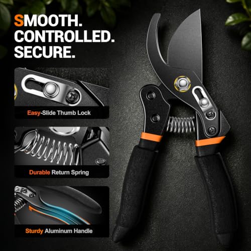 DECERK bypass pruning shears with orange 5mm cushioned foam grips for arthritic hands