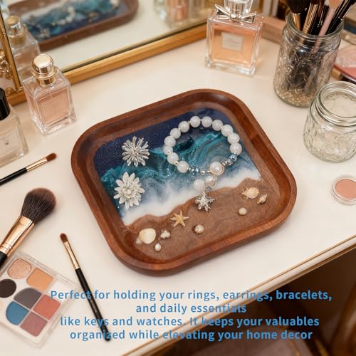 Handmade Seashell Resin Tray – 6x6 Inch Beach Decor Organizer with Real Sand, Starfish & Natural Wood Base – Coastal Nautical Jewelry Dish for Rings, Earrings, Keys
