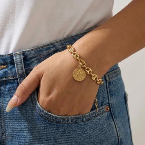 MAJALE Amulet Bracelet with St Benedict Medal in Gold Stainless Steel – Spiritual Protection – Water Resistant Chain Balls or Pumpkins – Religious Medal Calabrote_ S. Benito