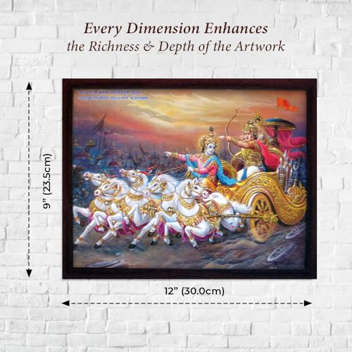 SANVIKA Krishna Wall Decor - Hindu God Photos With Frames, Lord Krishna & Arjuna in Mahabharata Scene, 9" x 12" COL-1